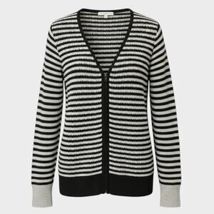 Ann Taylor LOFT Womens Cardigan Sweater V Neck Black Silver Stripe Medium